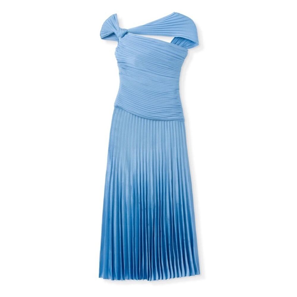NWT St. John Pleated One Shoulder Milano Knit Midi Dress Blue Sz 16 $2495 - Picture 6 of 10